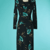 B7327-Robe-1940-en-rayonne-noire-col-benitier-imprime-fleurs-roses-et-turquoise-t34-001