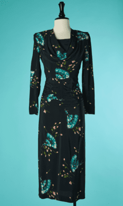B7327-Robe-1940-en-rayonne-noire-col-benitier-imprime-fleurs-roses-et-turquoise-t34-001