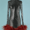 B9794-Robe-Taller-Marmo-en-tulle-noir-paillete-argent-et-plumes-marron-t36-01