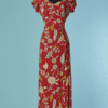 C0264-Robe-1940-en-crepe-rouge-fleurs-ecrues-et-jaunes-surlignees-de-vert-t38-01