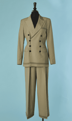 C0969-Tailleur-pantalon-Jean-Paul-Gaultier-en-laine-beige-rayures-marron-t36-01
