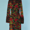 C1211-Robe-Moschino-en-laine-et-polyester-noir-imprime-multicolore-rucher-encolure-et-bas-de-manches-t40-01