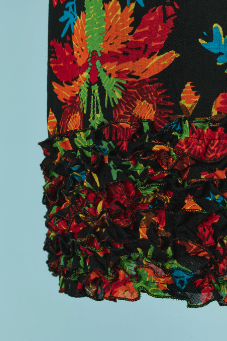 Robe Moschino en lainage noir imprimé floral et rucher de volants – Image 4