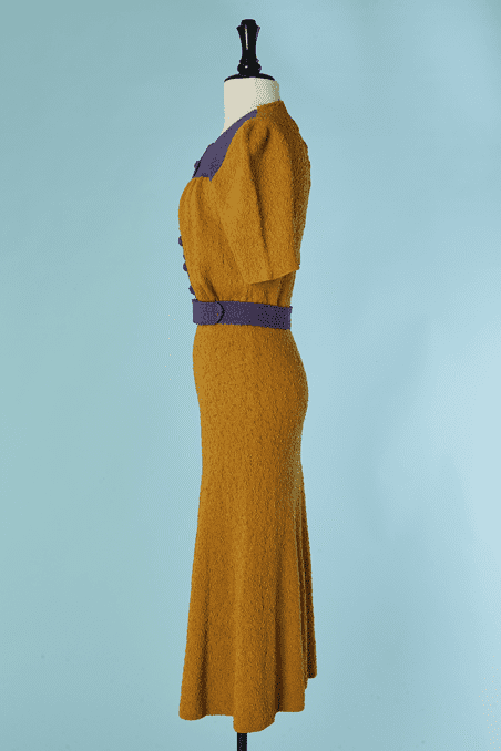 Robe 1930 en tricot moutarde et violet – Image 3