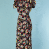 C2163-Robe-longue-1930-40-en-soie-noire-imprime-tulippes-et-paillettes-t38-40