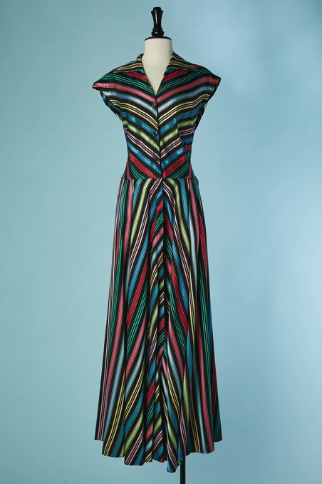C2583-Robe-longue-1940-en-satin-et-faille-noire-rayures-multicolores-t36-01