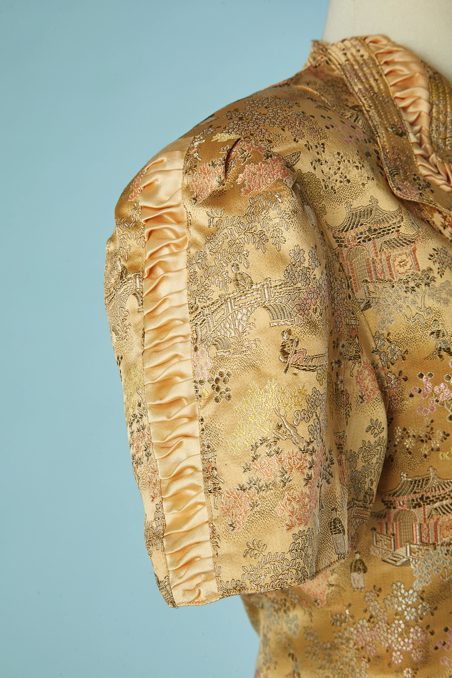 Veste indochinoise 1940 en satin jaune jacquard asiatique – Image 3