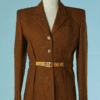 C2897-Veste-Christian-Dior-en-laine-marron-tisse-chevrons-ceinture-jaune-avec-C-D-t36-38-01