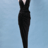 C3894-Robe-Alexandre-Vauthier-bretelle-jersey-noir-strass-roses-verts-irises-drape-taille-et-hanches-fendue-devant-t34