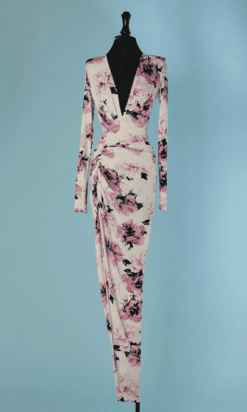 C4358-Robe-longue-Alexandre-Vauthier-en-jersey-viscose-blanc-imprime-rose-noir-drape-fendu-T34