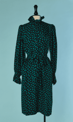 C8152-Robe-Saint-Laurent-en-soie-noire-feuillage-turquoise-avec-ceinture-T36