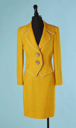 C6018-Tailleur-Christian-Dior-en-lin-jaune-et-lisere-blanc-T38